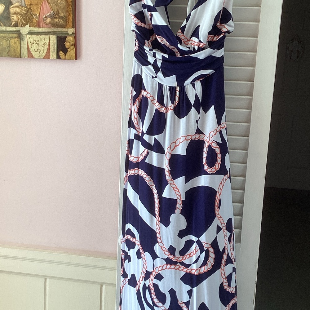 Lilly Pulitzer Navy, White & Coral Rope-Print Maxi Dress